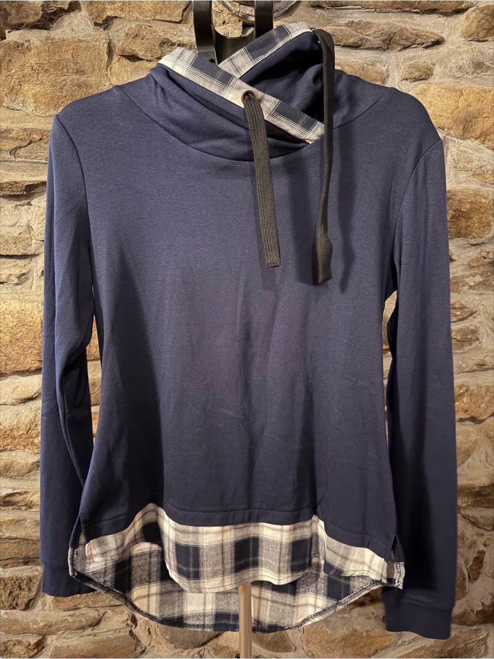 Women’s Navy Hoodie with Plaid Trim